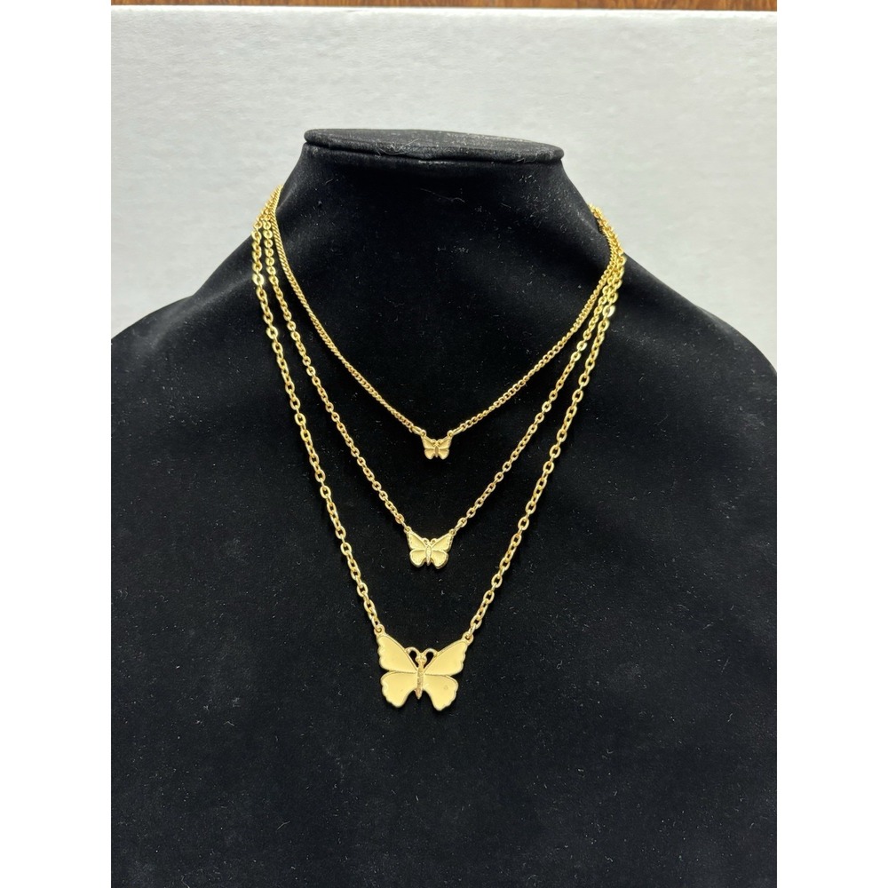 Gold Tone 3 Butterfly Layered Necklace 14 Inch Barrel Clasp Jewelry